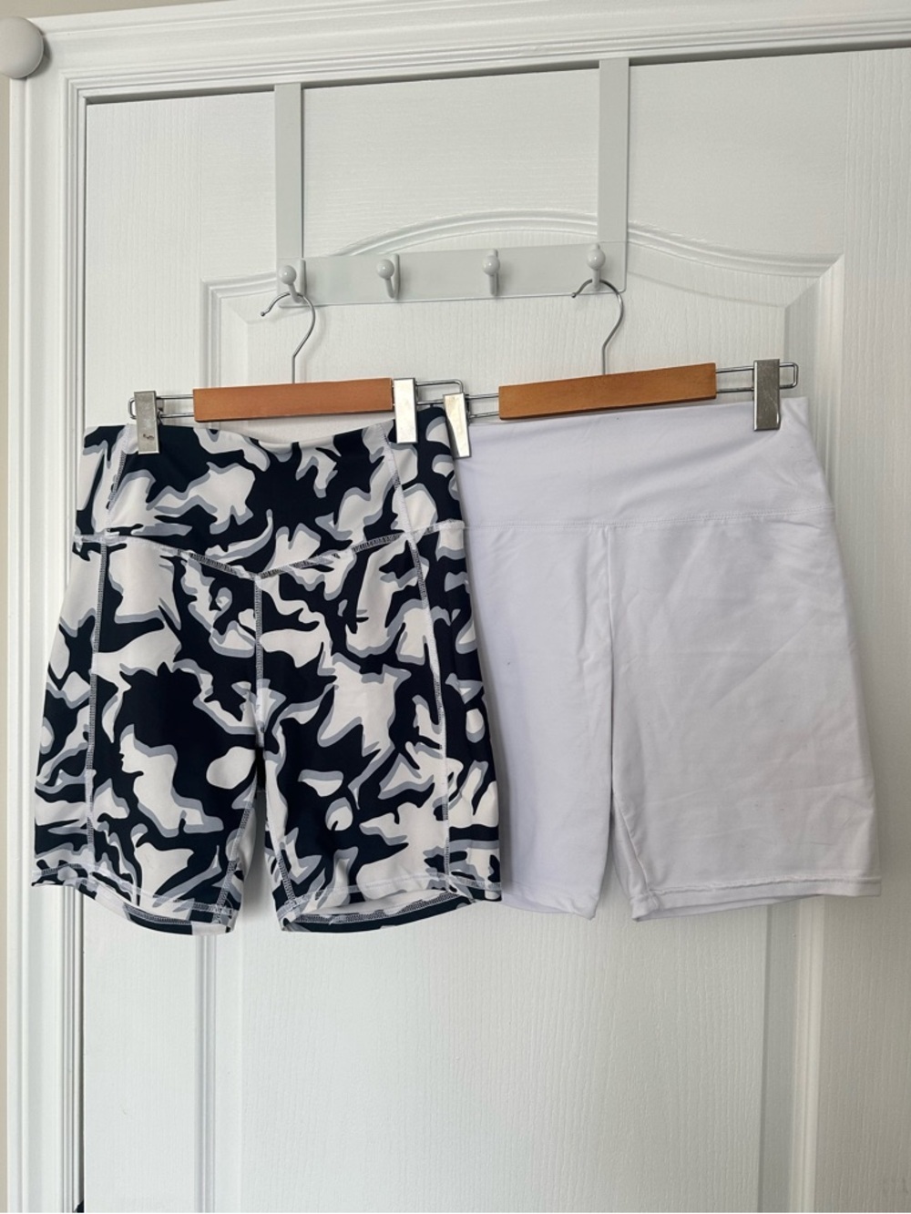 Set of 2 High Waist Biker Shorts Black White Camo + White Athleisure Yoga Sz L